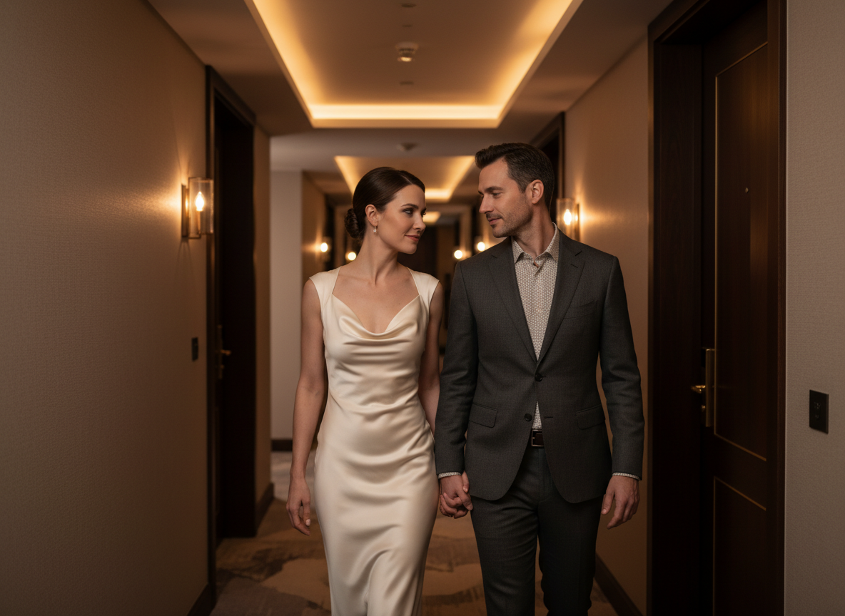 The couple slips down a quiet corridor